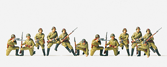 WWII Soviet armoured infantry riflemen on the tank (12 unpainted figures)<br /><a href='images/pictures/Preiser/16532.jpg' target='_blank'>Full size image</a>